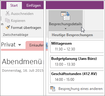 Screenshot der Schaltfläche "Besprechungsdetails" in OneNote 2016