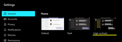 Die Option Hoher Kontrast, die in Microsoft Teams-Einstellungen in macOS ausgewählt ist.
