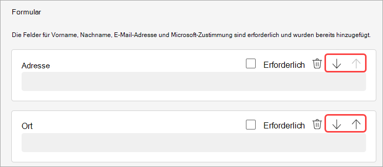 Screenshot: Neuanordnen von Registrierungsfragen für ein Webinar