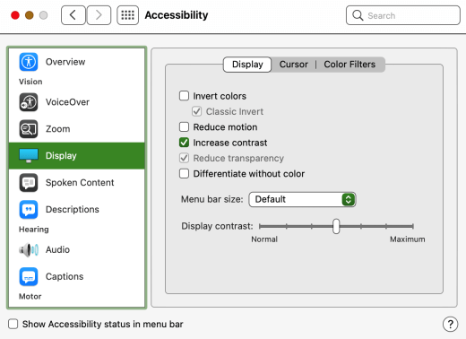 Die option "Kontrast erhöhen" ist in macOS ausgewählt.