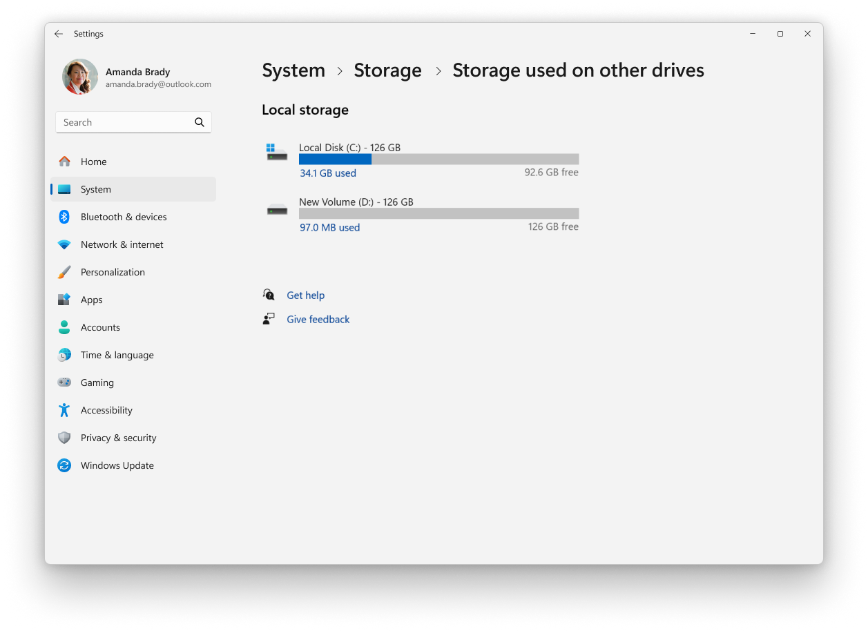 Screenshot: Einstellungen – System – Speicher.