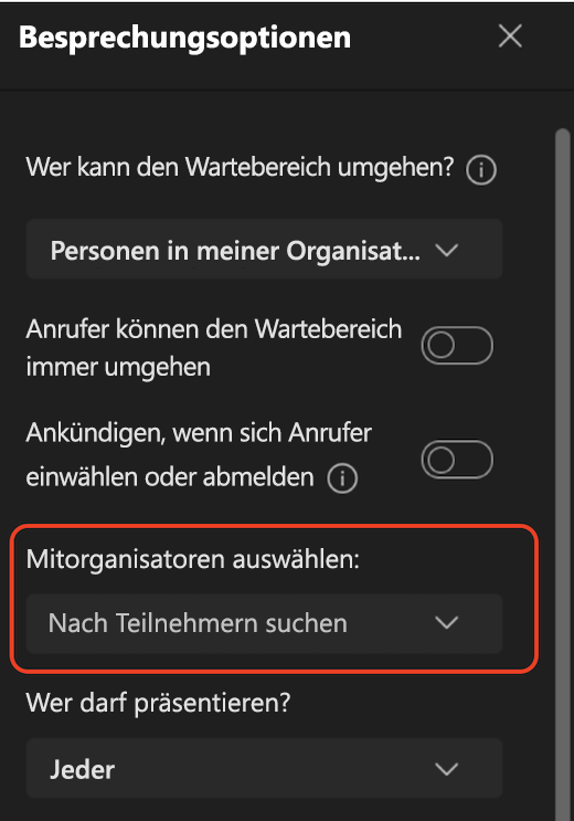 UI der Besprechungsoptionen