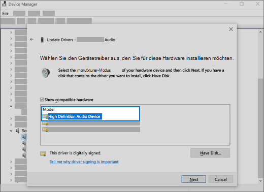 Wählen Sie den Treiber und dann „Weiter“ aus, um den generischen Audiotreiber zu benutzen