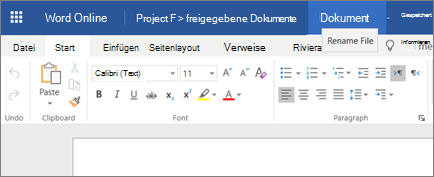 Klicken auf die Titelleiste, um den Namen eines Dokuments in Word Online zu ändern