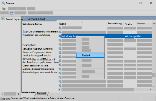 Starten Sie die Audiodienste neu: Windows Audio, Windows Endpunkt-Generator und Remoteprozeduraufruf (Remote Procedure Call, RPC)