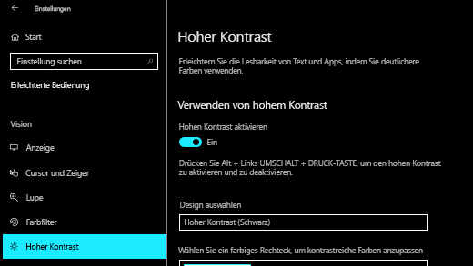 Aktivieren Sie den hohen Kontrast in Windows 10 Einstellungen App.