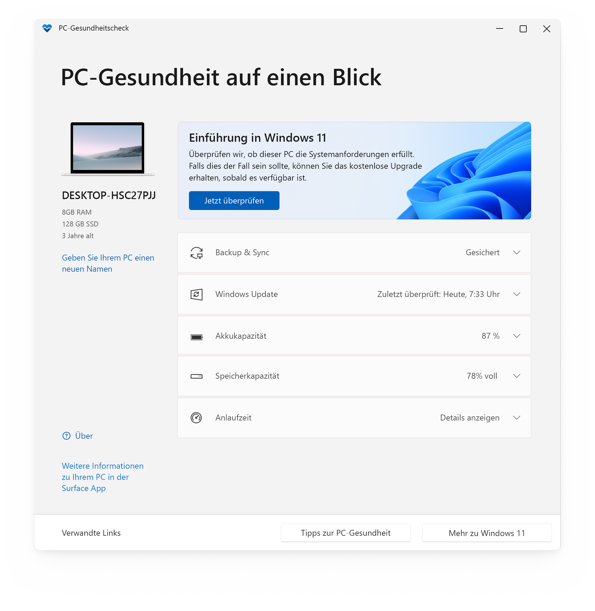 Startbildschirm der App „PC-Integritätsprüfung“