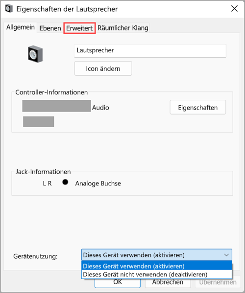 Aktivieren Sie Ihr Audiogerät in den Lautsprechereigenschaften in Windows 11.