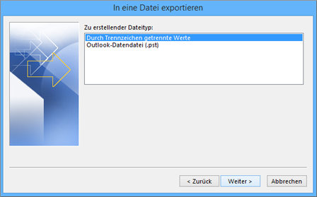 Outlook-Export-Assistent – CSV-Datei auswählen