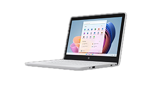 Zeigt das Surface Laptop SE-Gerät, geöffnet und einsatzbereit.