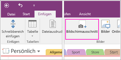 Screenshot der Schaltfläche "Bildschirmausschnitt einfügen" in OneNote 2016