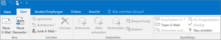 So sieht das Menüband in Outlook 2016 aus.