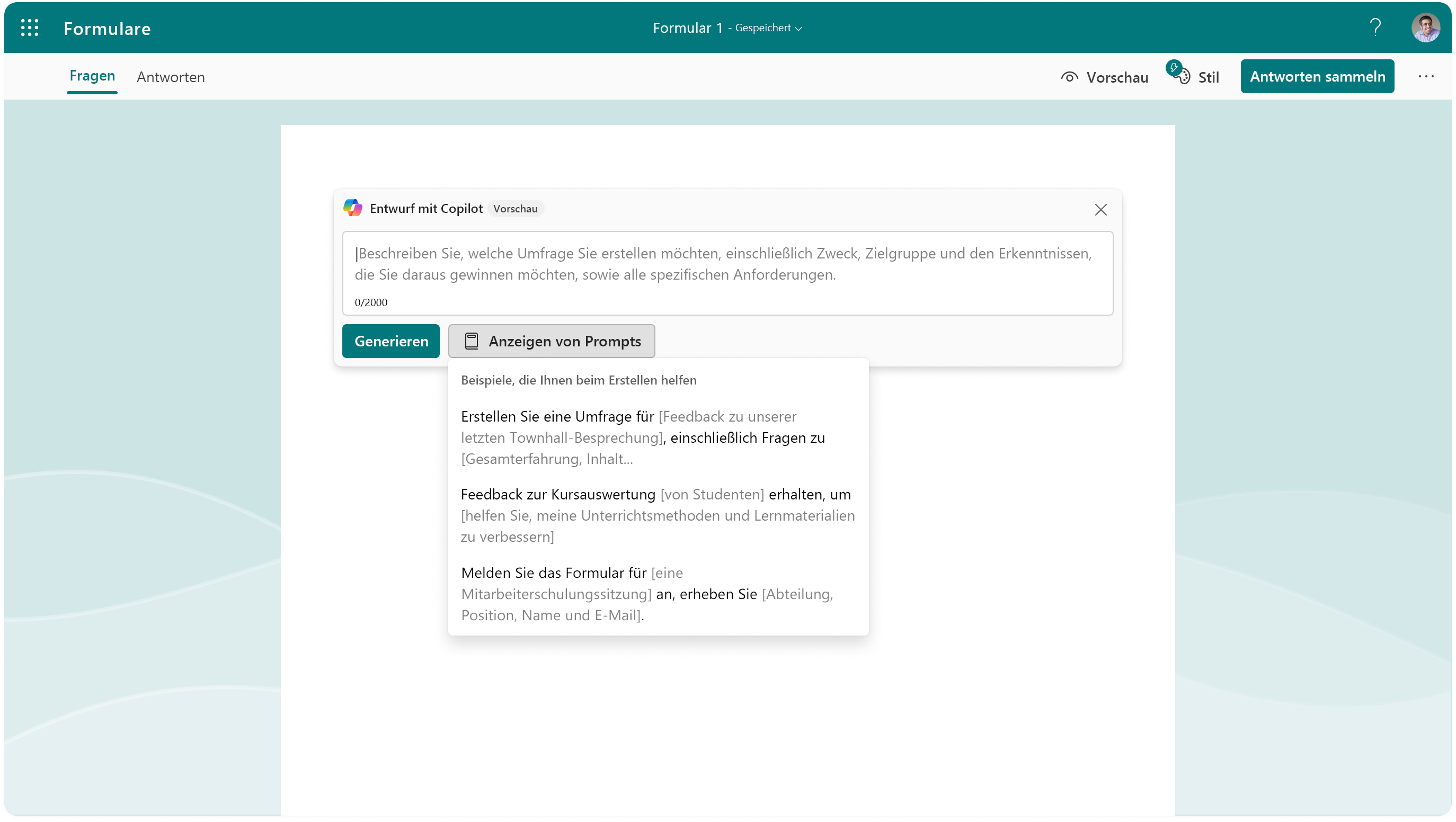 Screenshot: Prompt-Optionen für Copilot in Forms