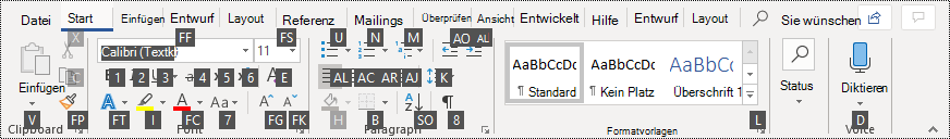 Zugriffstasteninfos im Menüband in Word 365