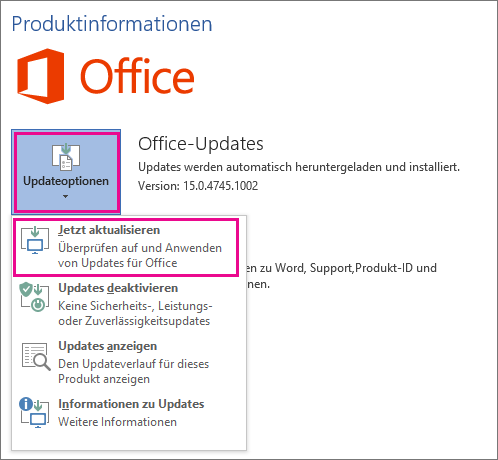 Manuelles Überprüfen auf Office-Updates in Word 2016