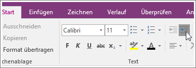 Screenshot der Schaltfläche "Einzug vergrößern" in OneNote 2016