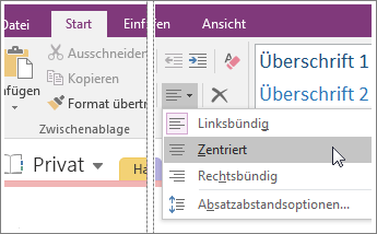 Screenshot der Schaltfläche 'Absatzausrichtung' in OneNote 2016