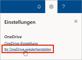 Menü "Einstellungen" für OneDrive for Business Online mit hervorgehobener Option "Wiederherstellen"