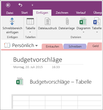 Screenshot einer neuen Tabelle in OneNote 2016