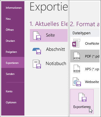 Screenshot zum Exportieren einer Notizenseite in OneNote 2016