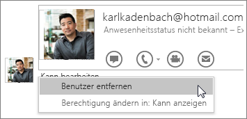 Screenshot der Optionen für "Freigabe beenden" in OneNote 2016