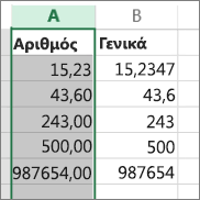 δείγμα του τρόπου με τον οποίο οι αριθμοί εμφανίζονται με διαφορετικές μορφές, όπως στις μορφές "Αριθμός" και "Γενική".