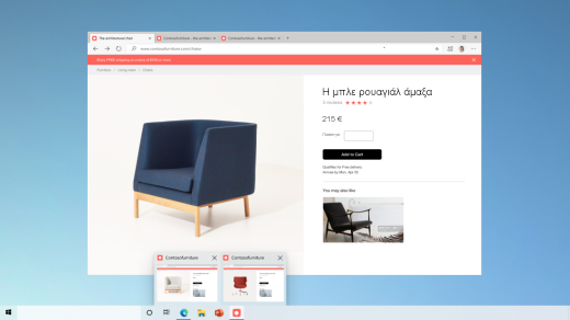 Μια προεπισκόπηση δύο ιστοσελίδων στο Microsoft Edge που είναι καρφιτσωμένες στη γραμμή εργασιών