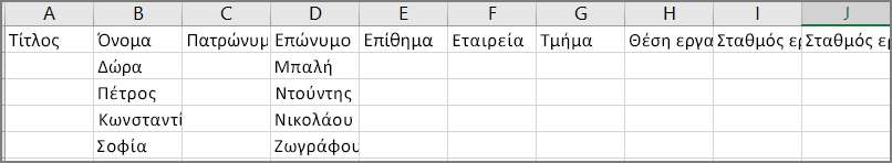 Ένα παράδειγμα εμφάνισης ενός αρχείου csv μετά την εξαγωγή επαφών από το Outlook