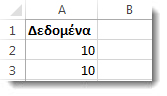 Δεδομένα στα κελιά Α2 και A3 σε φύλλο εργασίας του Excel