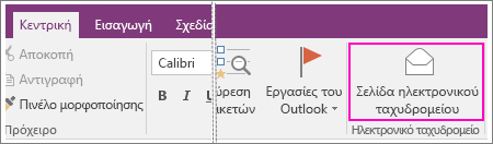 Στιγμιότυπο οθόνης του κουμπιού "Αποστολή σελίδας με μήνυμα ηλεκτρονικού ταχυδρομείου" στο OneNote 2016.