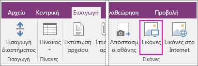 Στιγμιότυπο οθόνης του κουμπιού "Εισαγωγή εικόνων" στο OneNote 2016.