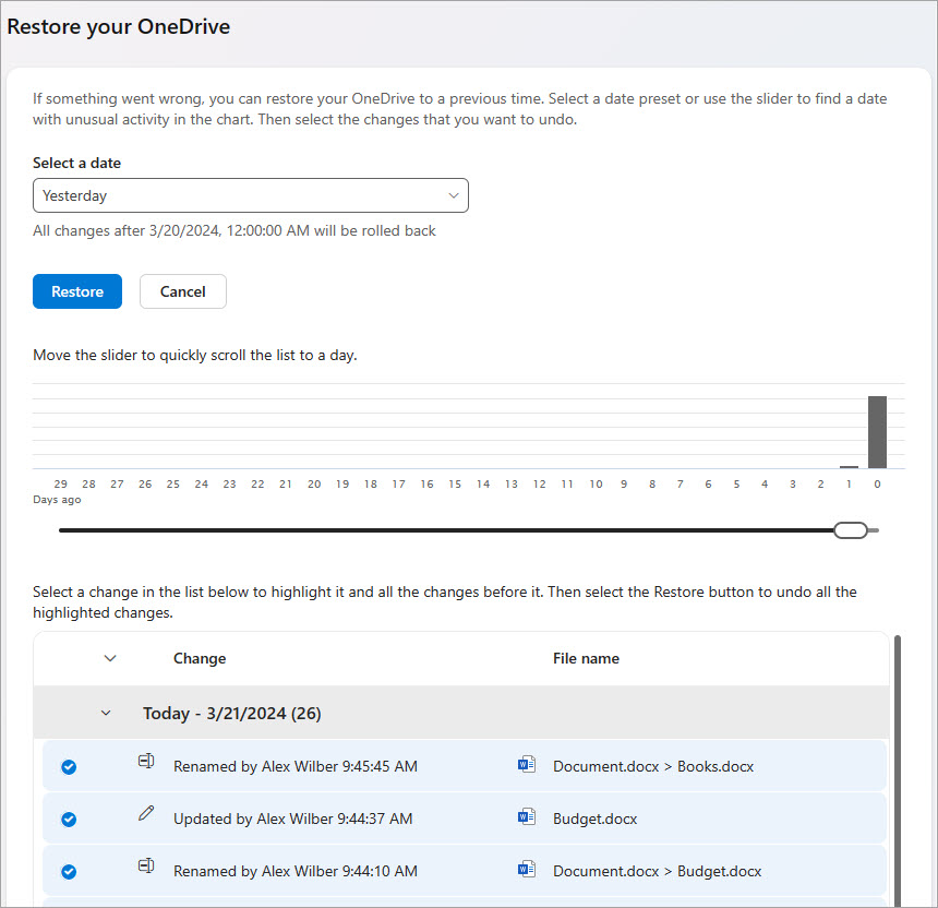 Restore your OneDrive file activities.