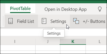 The Settings button on the PivotTable tab in Excel for the web