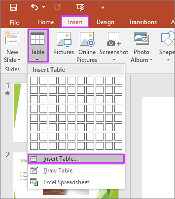 Shows the Table option in the Insert tab on the ribbon in PowerPoint