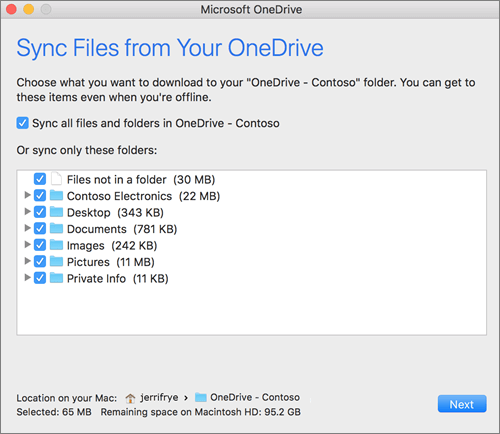Screenshot of the OneDrive setup menu for selecting which folders or files to sync.