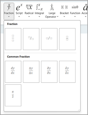 The Fraction menu in the Equation bar.