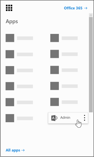 The Office 365 app launcher with the Admin app highlighted