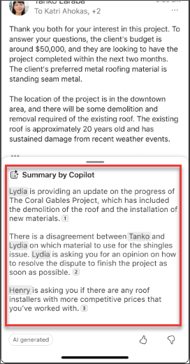 An email summary from Copilot in iOS and Android