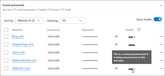 Password health indicator in settings