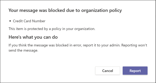 Dialog explaining why a message was blocked and can't be overridden