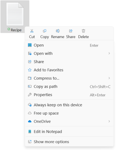 Screenshot of the file contextual menu showing the new cut/copy/rename/share/delete options.