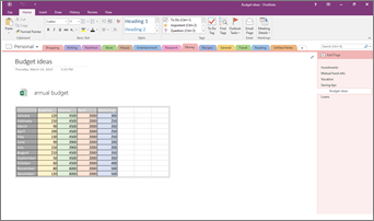 Screenshot of a OneNote 2016 notebook with Excel spreadsheet embedded.