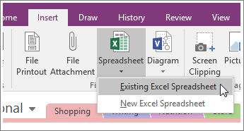 Screenshot of the Insert Spreadsheet button in OneNote 2016.