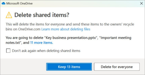 Screenshot of the OneDrive confirmation prompt for deleting shared files