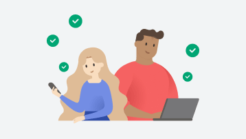A person looks at their phone and another person looks at their laptop. Green checkmarks surround them.