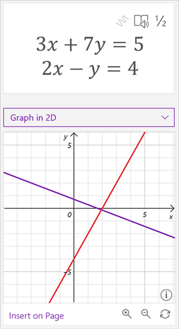 screenshot of math assistant generated graph showing the equations 3 x plus 7 y equals 5 and 2 x minus y equals 4. the graph shows two intersecting lines, one purple and one red.