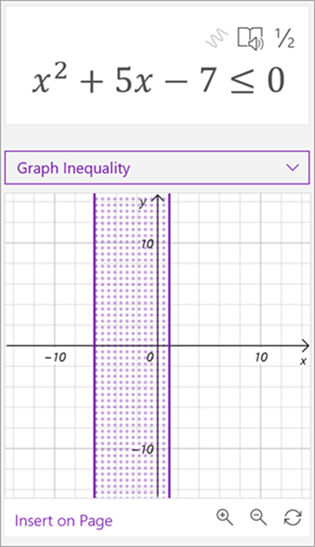 screenshot of math assistant generated graph for the inequality x squared plus 5x - 7 is less than or equal to 0. a shaded area between two vertical lines is shown on the graph