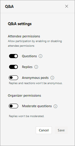Screenshot showing QandA settings during a town hall
