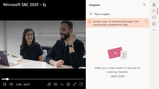 A video's chapter pane is open. An error message states that a chapter could not be added. 