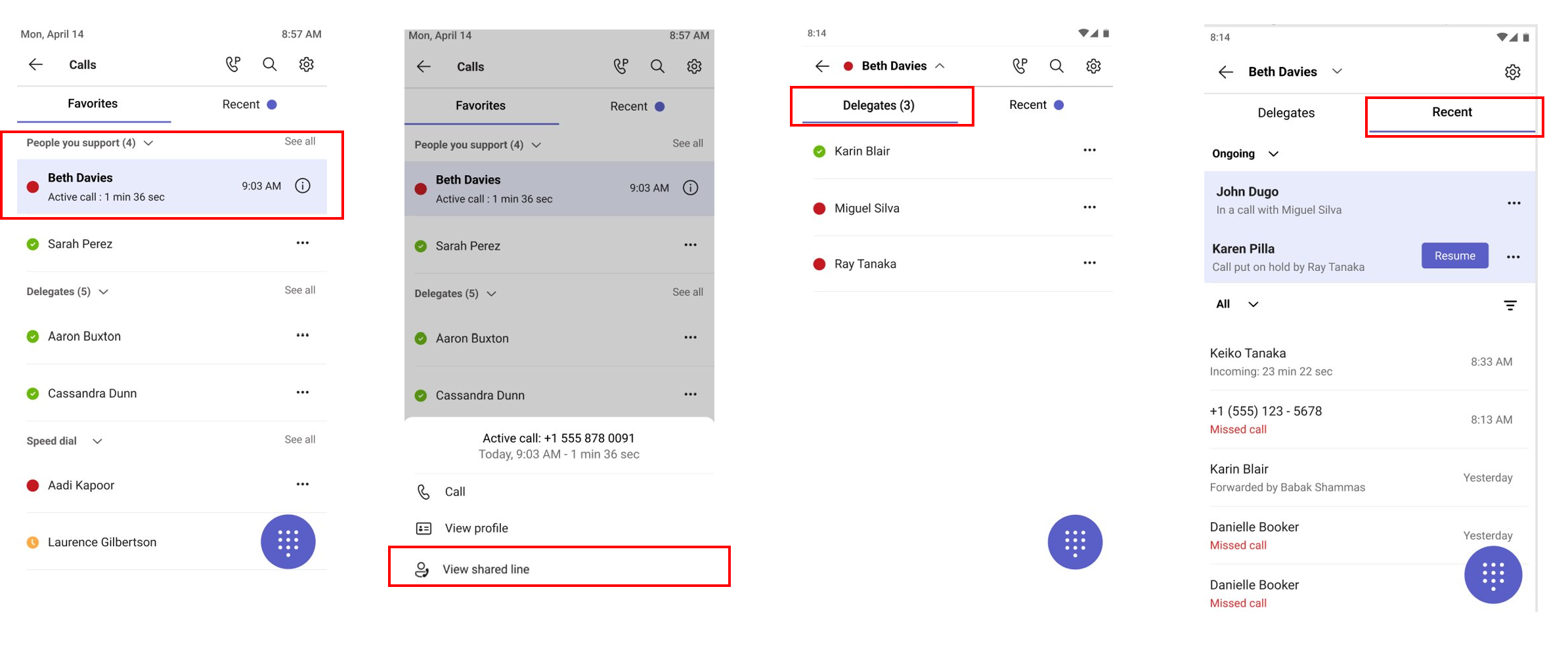 Four screenshots show the steps of how to join a call your delegate answered or view what permissions a delegate has. From call history, select an active call to join. Or select the delegate's name, then select View permissions.